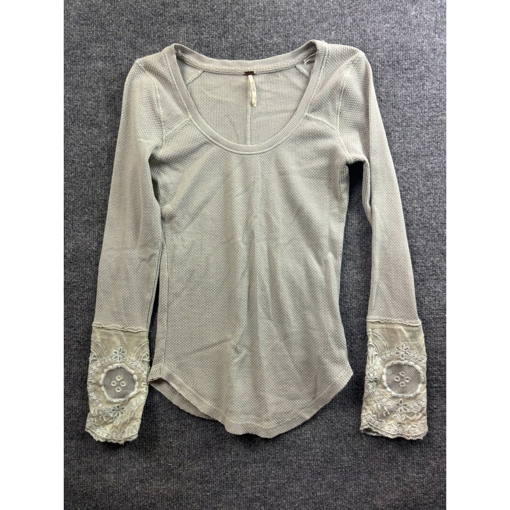 Free People Thermal Top Womens Small Sage Green Lace Cuff Waffle Knit Scoop Neck